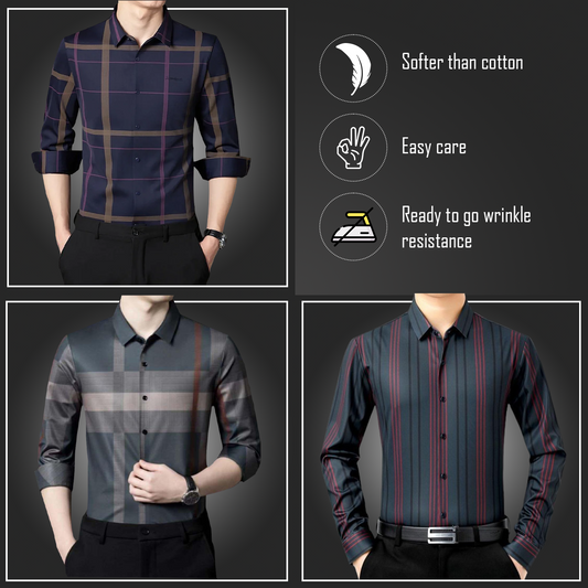 Latest Pack of 3 ( Men's Premium Cotton Shirts ) PURPLE+BRG+R LINE