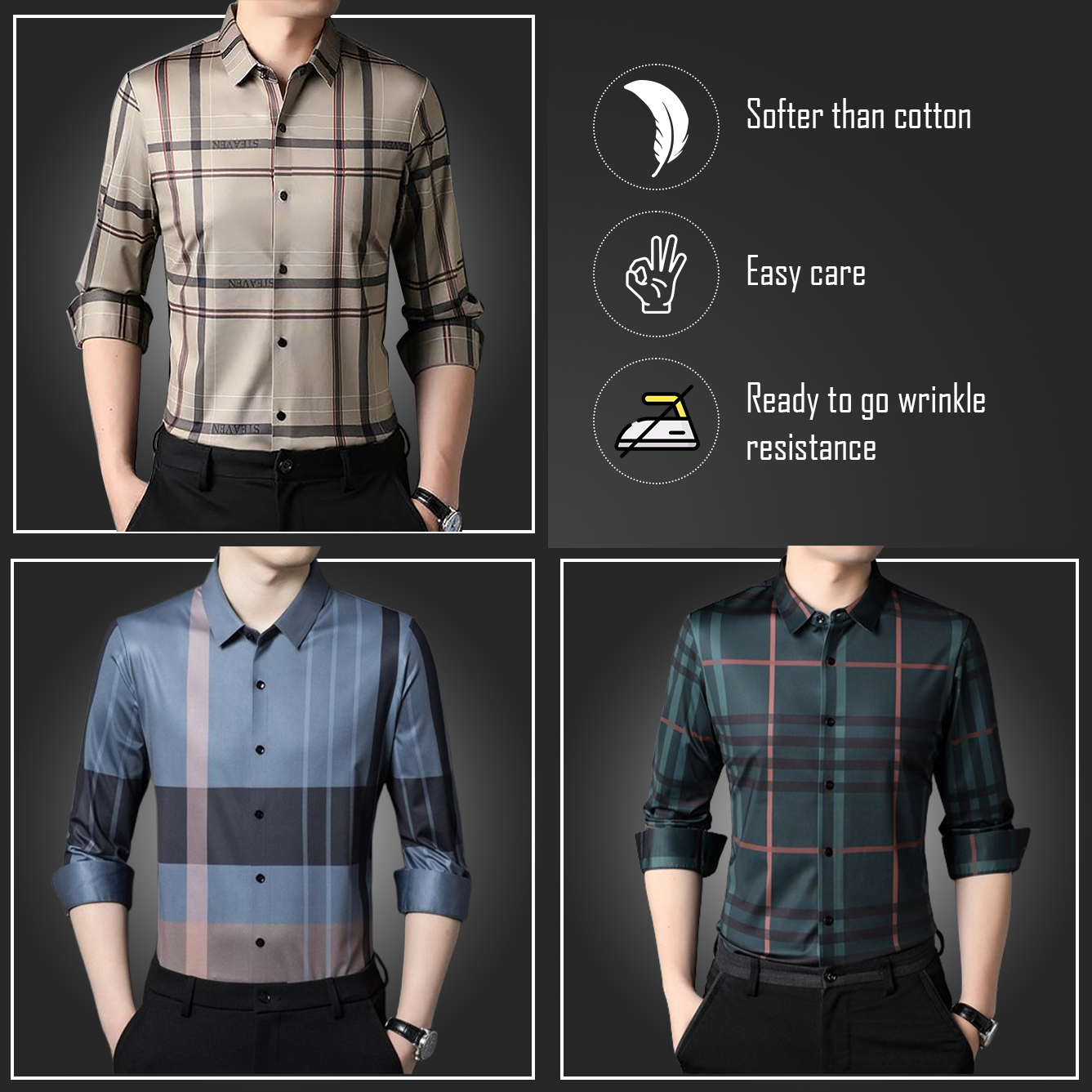 Pack of 3 Full Sleeve Cotton Check Shirt (CREAM+D GREY+GBL)