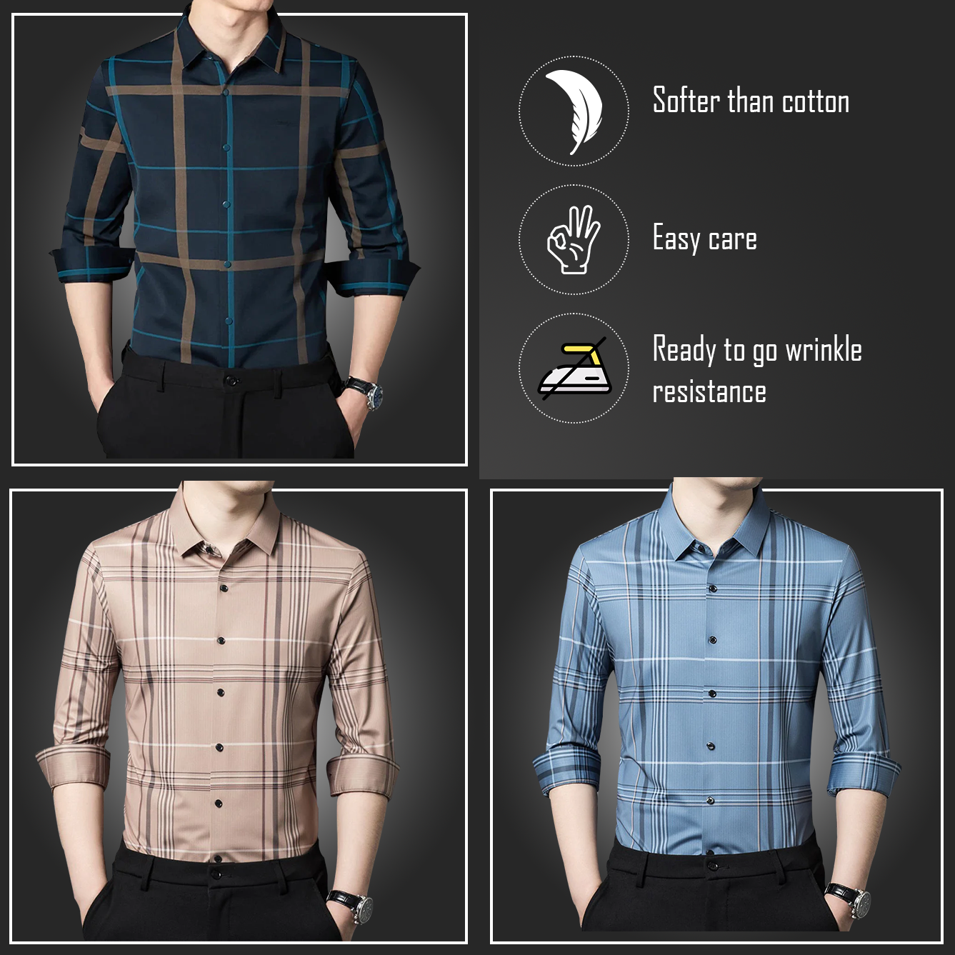 Latest Pack of 3 Full Sleeve Cotton Check Shirt (BLUE G+PEACH 2+GL 2)